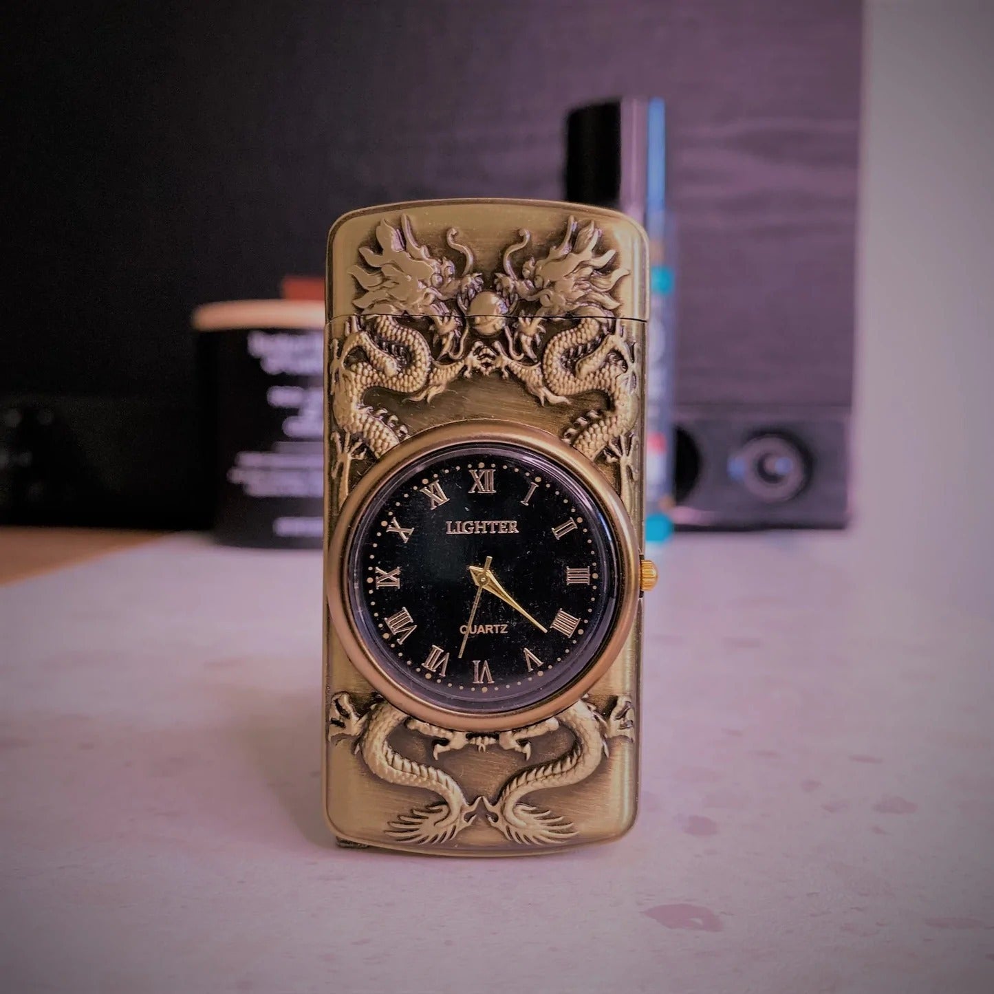 Embossed Watch Inflatable Windproof Lighter True Dial LED Blue Light Aperture